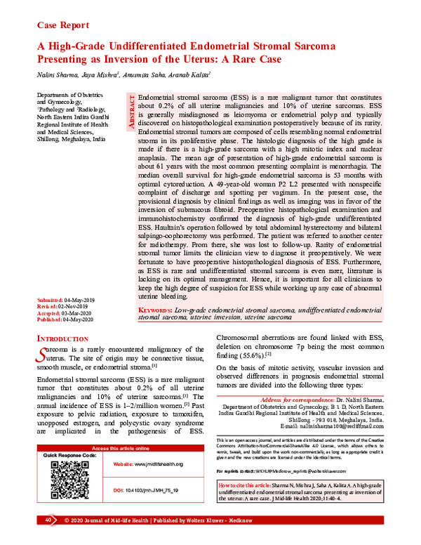 First page of “A High-Grade Undifferentiated Endometrial Stromal Sarcoma Presenting as Inversion of the Uterus: A Rare Case”