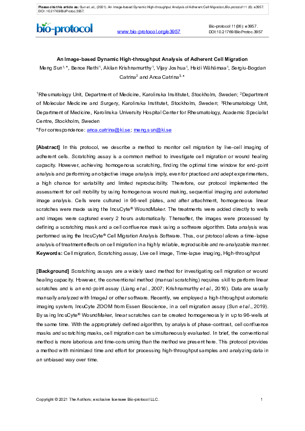 First page of “An Image-based Dynamic High-throughput Analysis of Adherent Cell Migration”