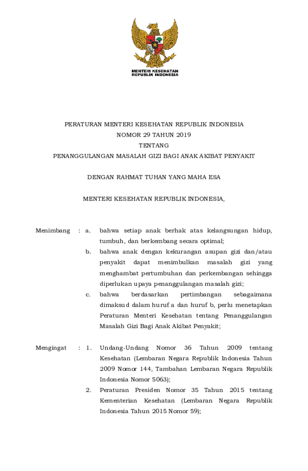 First page of “PMK No. 29 Th 2019 ttg Penanggulangan Masalah Gizi Bagi Anak Akibat Penyakit”