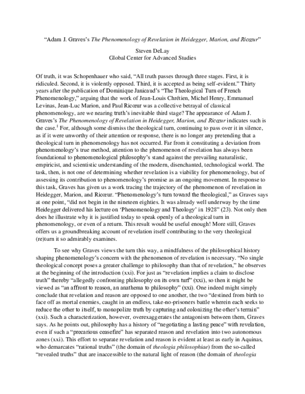 First page of “"A Review of Adam J. Graves's The Phenomenology of Revelation in Heidegger, Marion, and Ricoeur"”