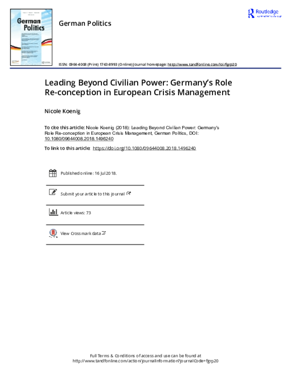 First page of “Leading Beyond Civilian Power: Germany’s Role Re-conception in European Crisis Management”