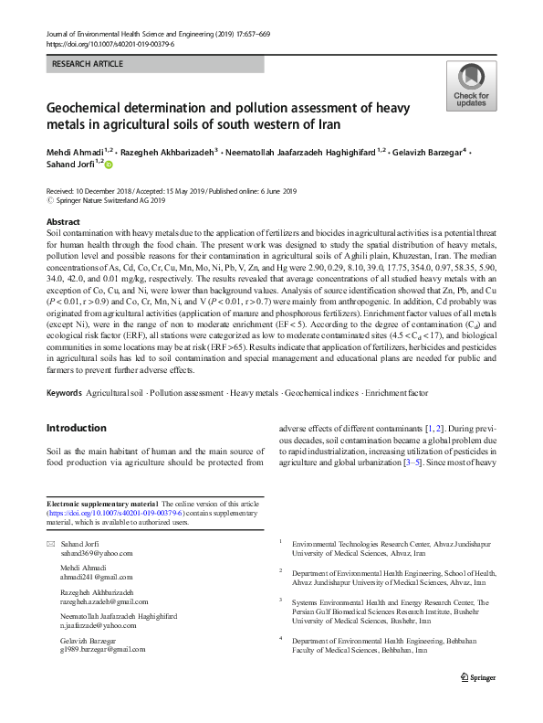 First page of “Geochemical determination and pollution assessment of heavy metals in agricultural soils of south western of Iran”