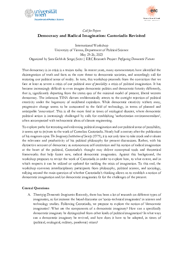 First page of “CfP: Democracy and Radical Imagination: Castoriadis Revisited”