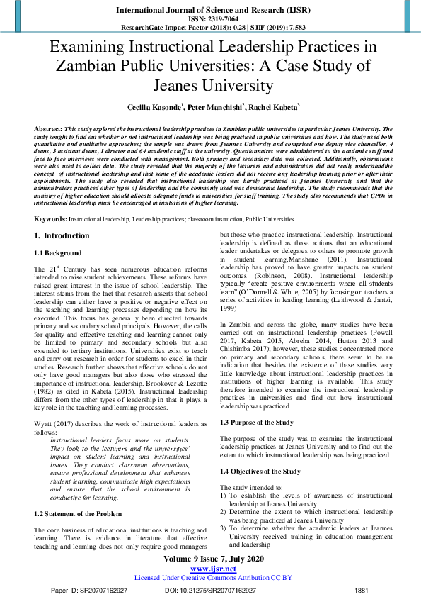 First page of “Examining Instructional Leadership Practices in Zambian Public Universities: A Case Study of Jeanes University”