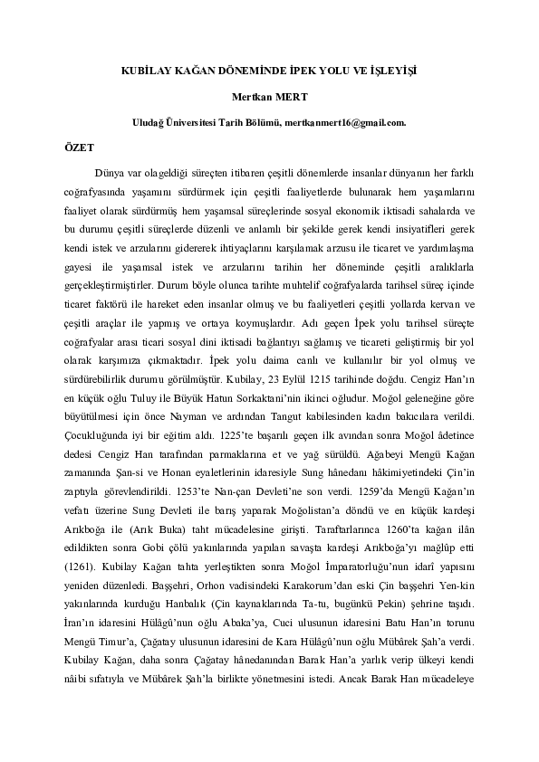 First page of “KUBİLAY KAĞAN DÖNEMİNDE İPEK YOLU VE İŞLEYİŞİ”