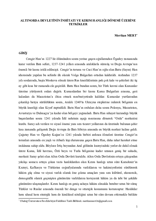 First page of “ALTINORDA DEVLETİNİN İNHİTATI VE KIRIM HANLIĞI DÖNEMİ ÜZERİNE TETKİKLER”