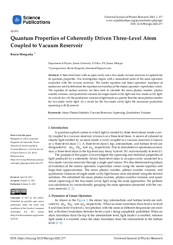 First page of “Quantum Properties of Coherently Driven Three-Level Atom Coupled to Vacuum Reservoir”