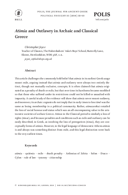 First page of “Atimia and Outlawry in Archaic and Classical Greece”