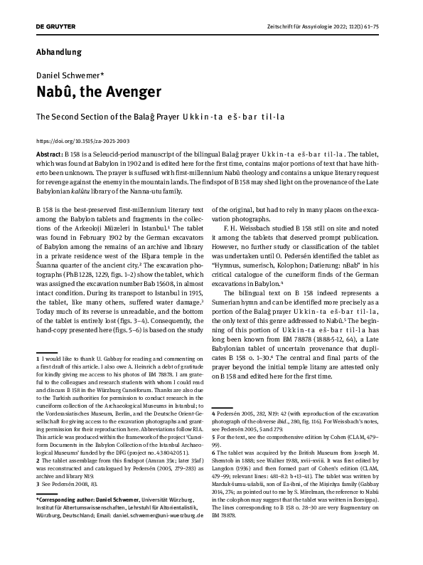 First page of “Nabû, the Avenger. The Second Section of the Balaĝ Prayer Ukkin-ta eš-bar til-la”