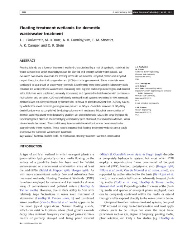 First page of “Floating treatment wetlands for domestic wastewater treatment”