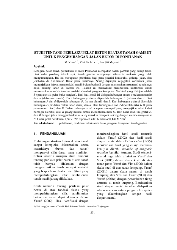 First page of “Studi Tentang Perilaku Pelat Beton DI Atas Tanah Gambut Untuk Pengembangan Jalan Beton DI Pontianak”