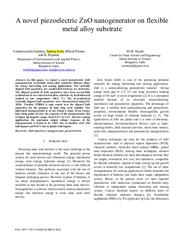 First page of “A novel piezoelectric ZnO nanogenerator on flexible metal alloy substrate”