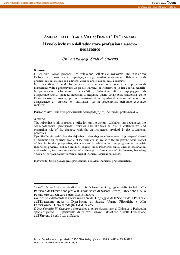 First page of “Il ruolo inclusivo dell'educatore professionale socio-pedagogico”