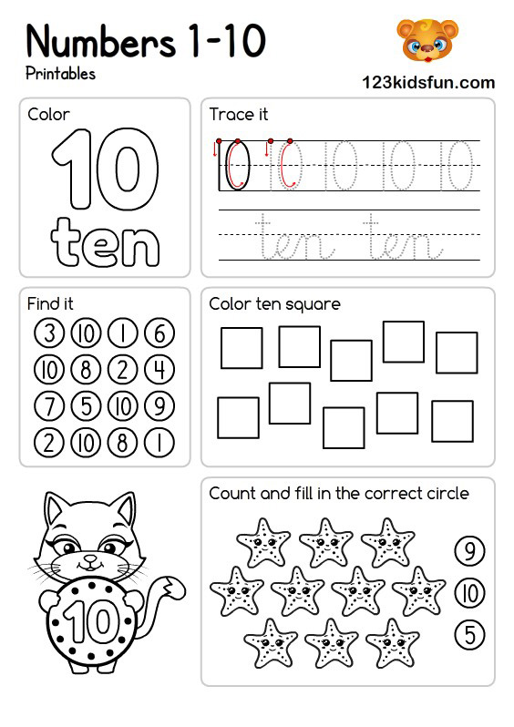 Free Preschool & Kindergarten Number Worksheets 1-10 for Kids