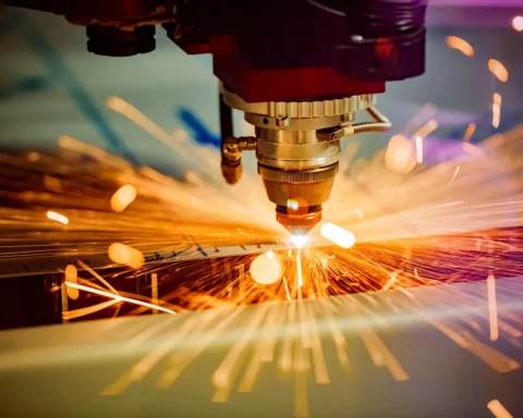 Laser cutting of metal, modern industrial technology. stock photo