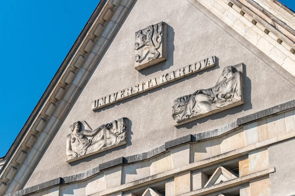 Prague, Czech Republic, Universita Karlova sign at building of Faculty of Law of the Charles University.