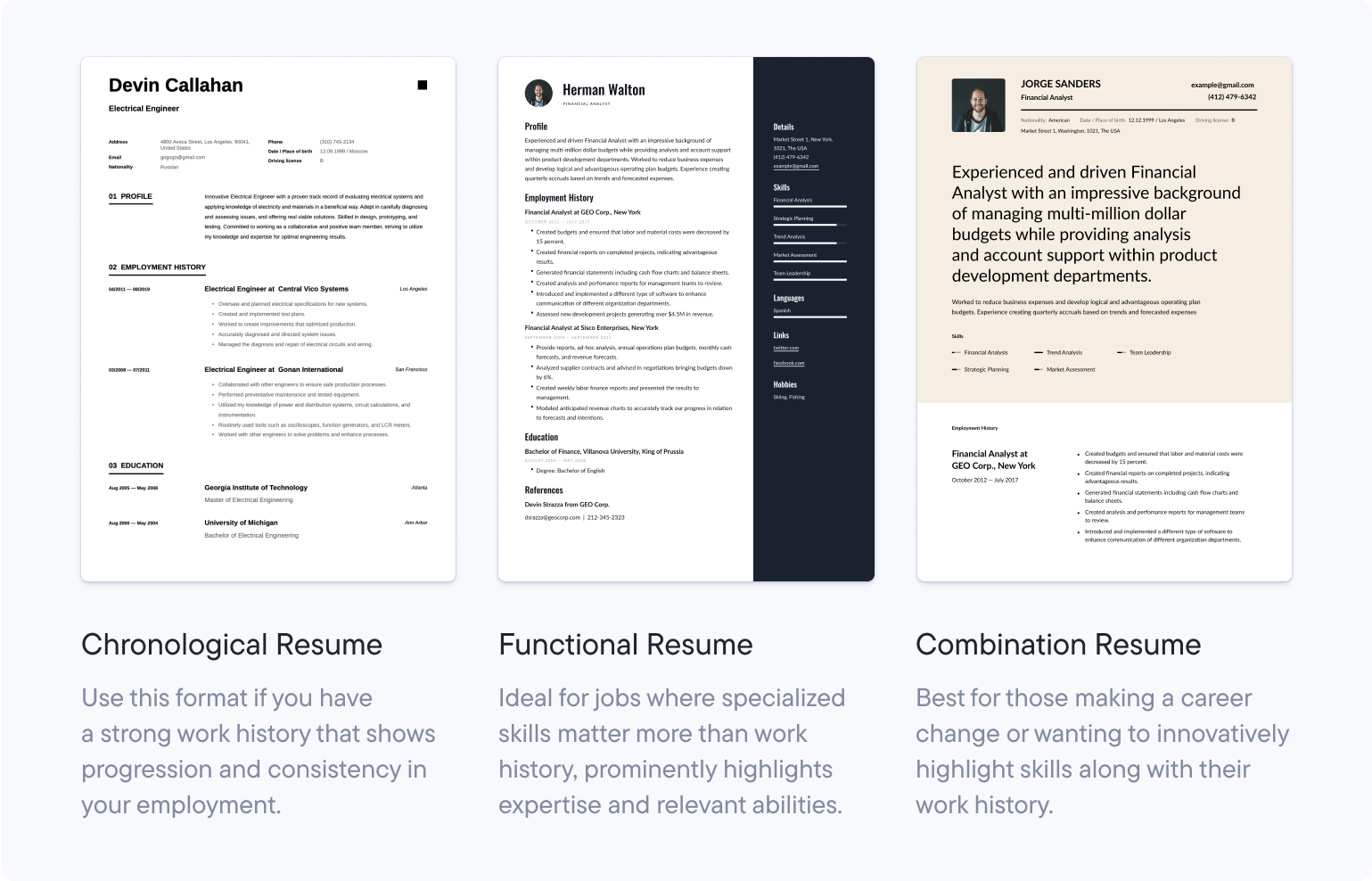 Chronological, functional and combination resume