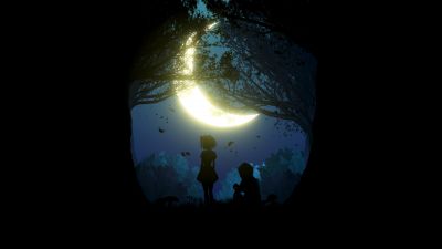 Girl, 5K, Boy, Couple, Silhouette, Night, Forest, Crescent Moon, Black background, Simple