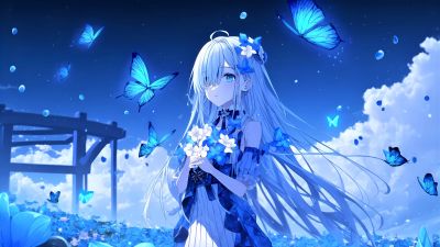 Anime girl, Beautiful, Butterflies, Blue background, 5K