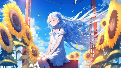 Happy girl, Sunflowers, Anime girl, Sunny day, 5K