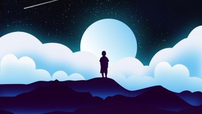 Boy, Silhouette, Kid, Alone, Moon, Night, Clouds, Illustration, Starry sky, 5K