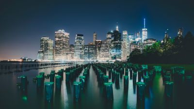 New York City, Manhattan Skyline, Skyline, Night, Illuminated, City lights, Urban, Cityscape, 5K, 8K