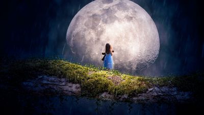 Moon, Cute Girl, Adorable, Surreal, Alone