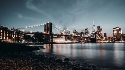 Brooklyn Bridge, New York City, Night City, City lights, USA, Reflection, Crescent Moon, Cityscape