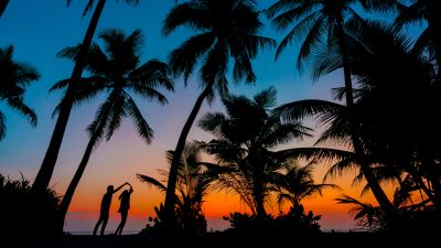 Couple, Tropical beach, Romantic, Sunset, Twilight, Palm trees, Maldives