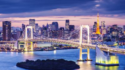 Rainbow Bridge, Illuminated, Tokyo, Japan, Twilight, Cityscape, City lights, 5K