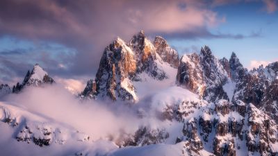 Mountain Peak, Snow, Winter, Clouds, 5K, 8K, Scenic