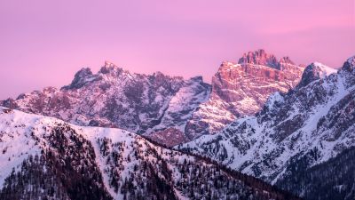 Mountain range, Italy, Pink sky, Winter, Sunrise, 5K