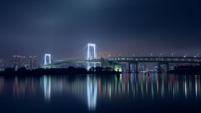 Rainbow Bridge, Tokyo, Japan, Night, City lights, Reflection, 5K, Suspension bridge