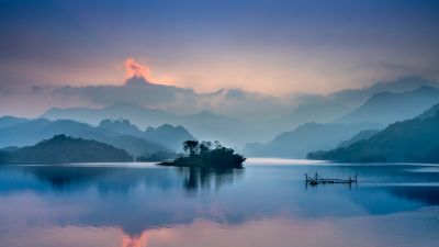 Mountains, Clouds, Scenery, Body of Water, Island, 5K, 8K