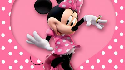 Minnie Mouse, Disney, Cartoon, Pink background, Polka dots, Pink Heart, Girly backgrounds