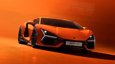 Lamborghini Revuelto, Hybrid sports car, Orange background, 5K, 8K, 2023