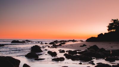 Rocky beach, Sunrise, Crescent Moon, Dawn