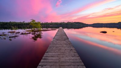 Twilight, Dusk, Evening, Wooden pier, Jetty, Sunset, Lake, Sweden, Reflection, 5K, Aesthetic