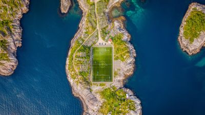 Henningsvaer Stadium, Soccer field, Norway, Aerial view