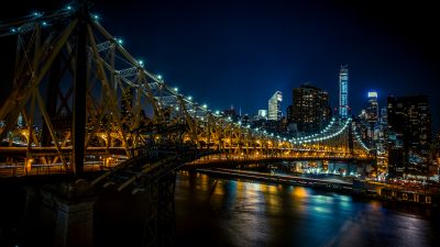 Queensboro Bridge, New York City, Cantilever bridge, City lights, Night City, USA, United States, Manhattan, Queens