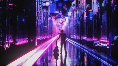 Neon, Guitar, Musician, Silhouette, Cyberpunk, Future City, Aesthetic, Dystopian