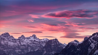 Alps mountains, Dolomites, Sunset, Dusk, Pink sky, 5K