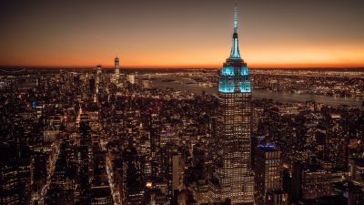 New York City, Empire State Building, Cityscape, City lights, Sunset, 5K