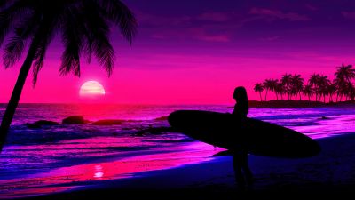 Tropical beach, AI art, Sunset, Girl, Pink aesthetic