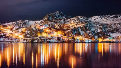 Newfoundland, Island, Canada, Night lights, Reflections, Lake