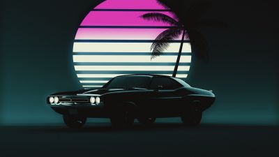 Muscle car, Retro, Vintage car, Sunset, Neon, 5K, Dark background, Dark aesthetic