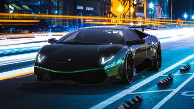 Lamborghini Murcielago, Custom tuning, City lights, Light trails