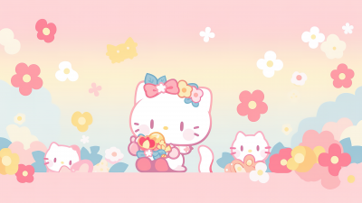 Cute hello kitties, Floral Background