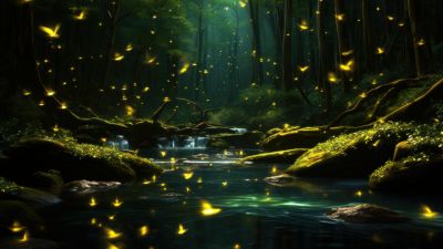 Fireflies, Forest, 8K, Aesthetic, River, Night, Mystic, 5K