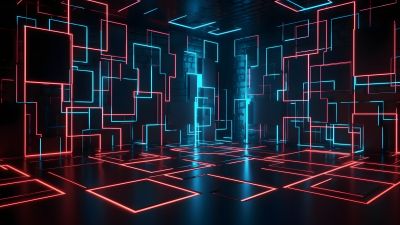 Futuristic, Dark room, Neon Lights, Geometric, 5K